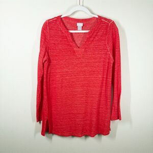 Chicos Linen Split V Neck Tunic Size‎ S Orange Red Slub Knit Long Sleeve Summer